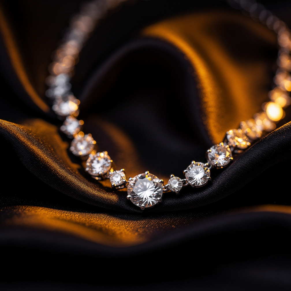 Close-up of a diamond necklace on dark silk fabric