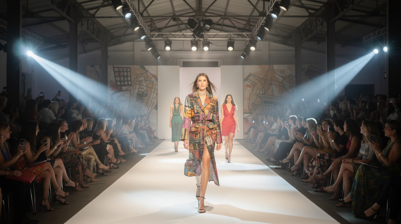 Fashion week runway show with models walking under bright lights
